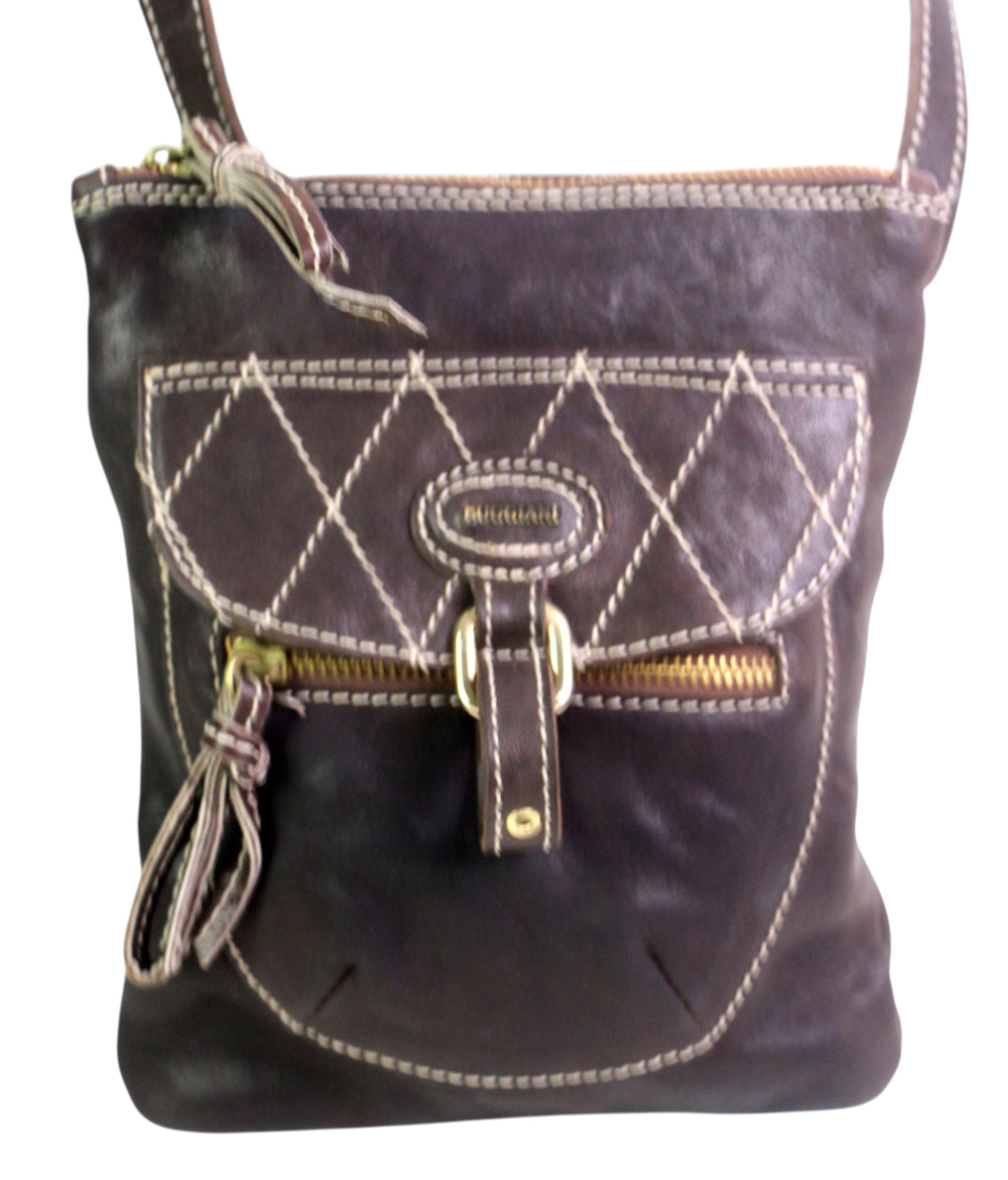 Marco Buggiani BROWN GENUINE LEATHER X-BODY ZIP TOP PURSE SHOULDER BAG HANDBAG